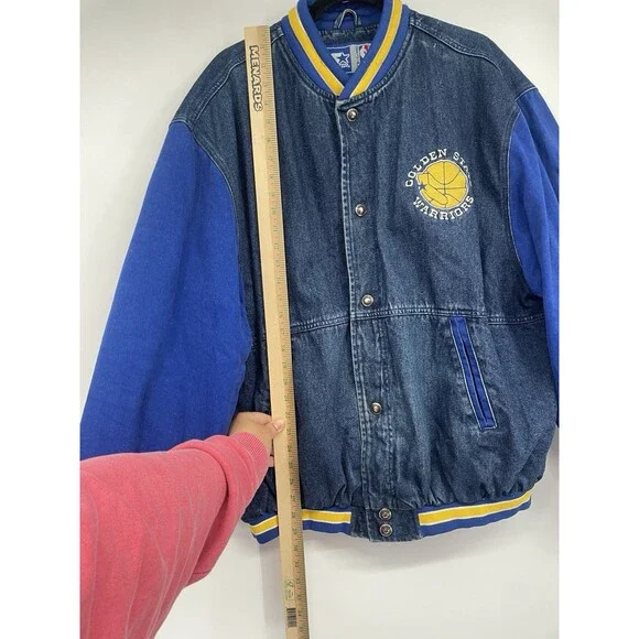 Rare VTG 90s Starter NBA Varsity Golden State Warriors Denim Jean Jacket Quilted - Picture 13 of 14